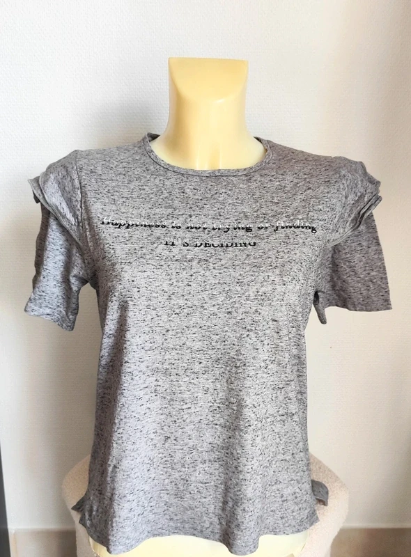 Tshirt gris imprimé à petites épaulettes look rock T38 - Jennyfer